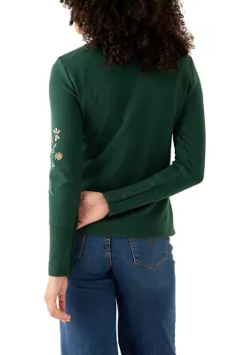 Women's Long Sleeve Crew Top with Placed Embroidery