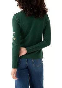 Women's Long Sleeve Crew Top with Placed Embroidery