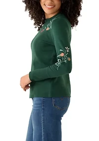 Women's Long Sleeve Crew Top with Placed Embroidery