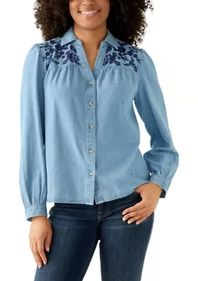 Women's Long Sleeve Button Down Shirt with Embroidered Yoke