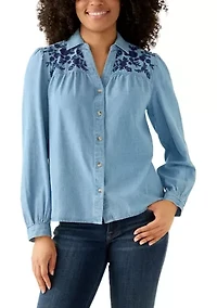 Women's Long Sleeve Button Down Shirt with Embroidered Yoke