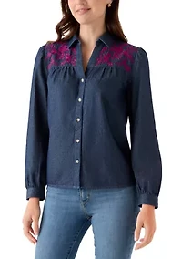 Women's Long Sleeve Button Down Shirt with Embroidered Yoke
