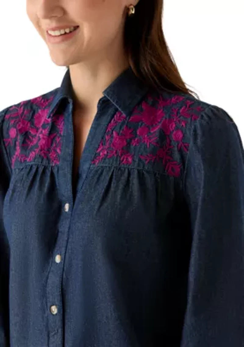 Women's Long Sleeve Button Down Shirt with Embroidered Yoke