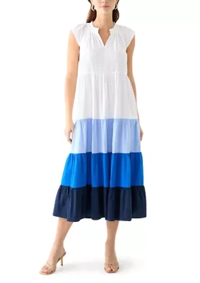 Women's Cap Sleeve Color Block Tiered Maxi Dress