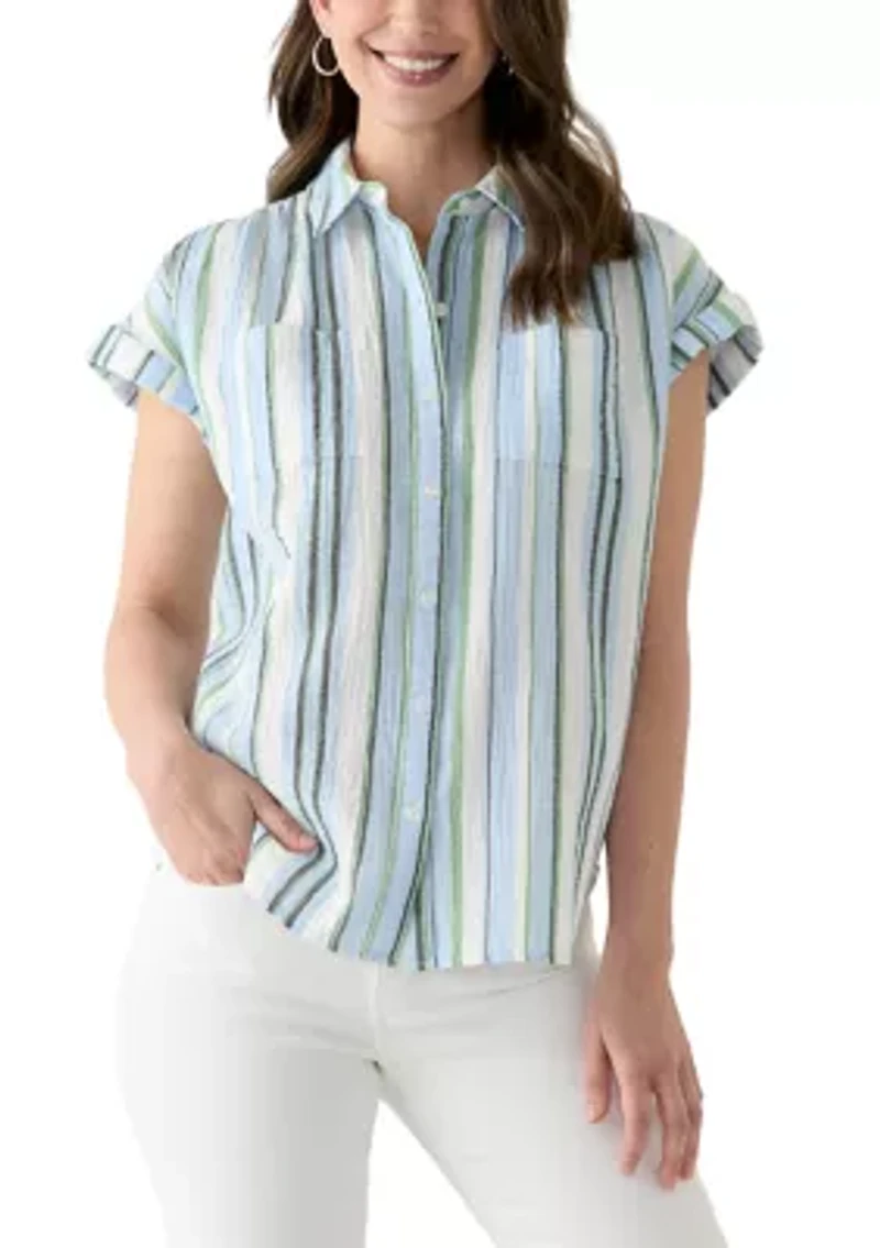 Women's Short Sleeve Shirred Shoulder Camp Shirt
