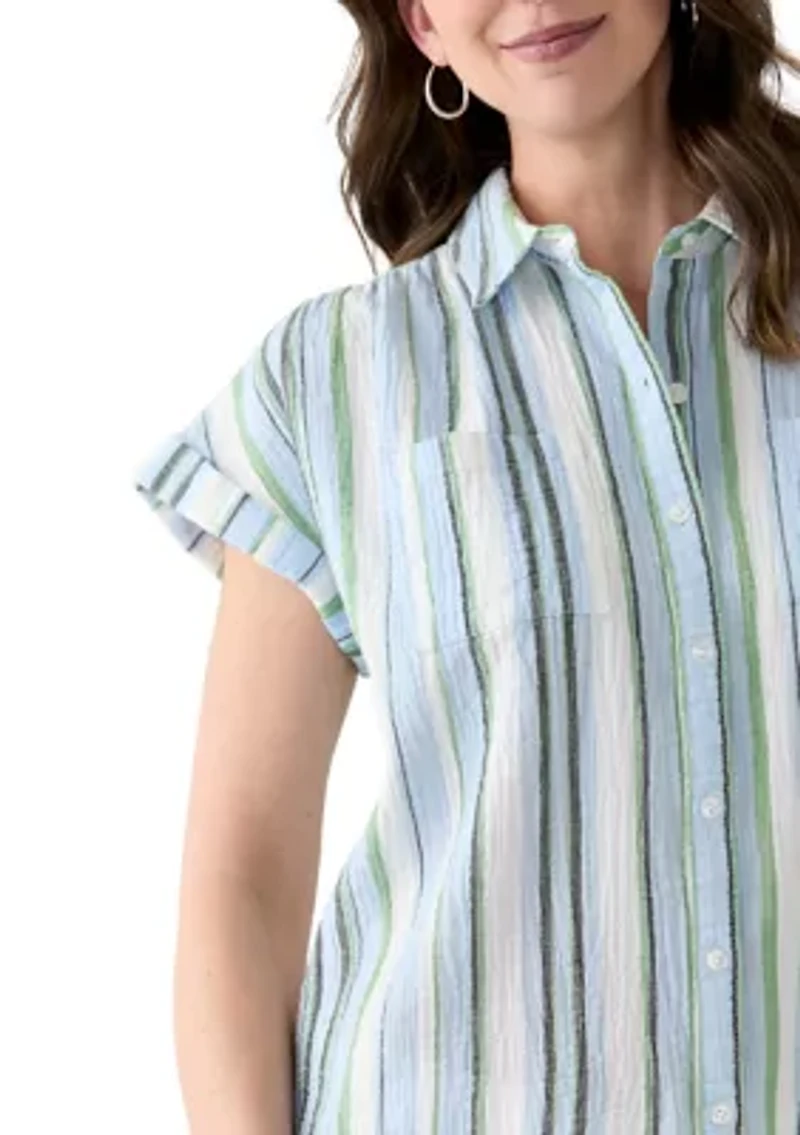 Women's Short Sleeve Shirred Shoulder Camp Shirt