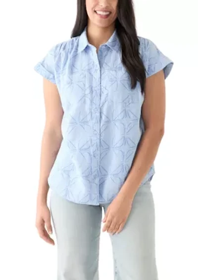 Women's Short Sleeve Shirred Shoulder Printed Camp Shirt