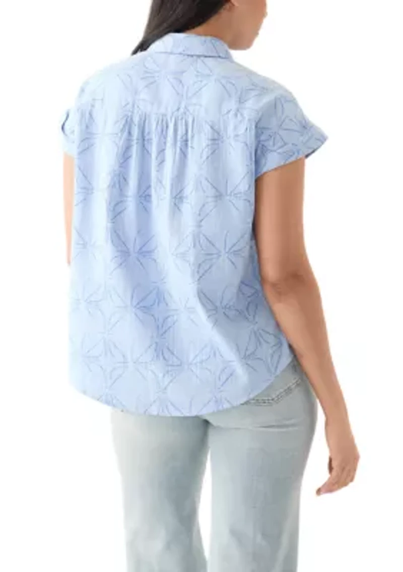 Women's Short Sleeve Shirred Shoulder Printed Camp Shirt