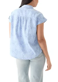 Women's Short Sleeve Shirred Shoulder Printed Camp Shirt