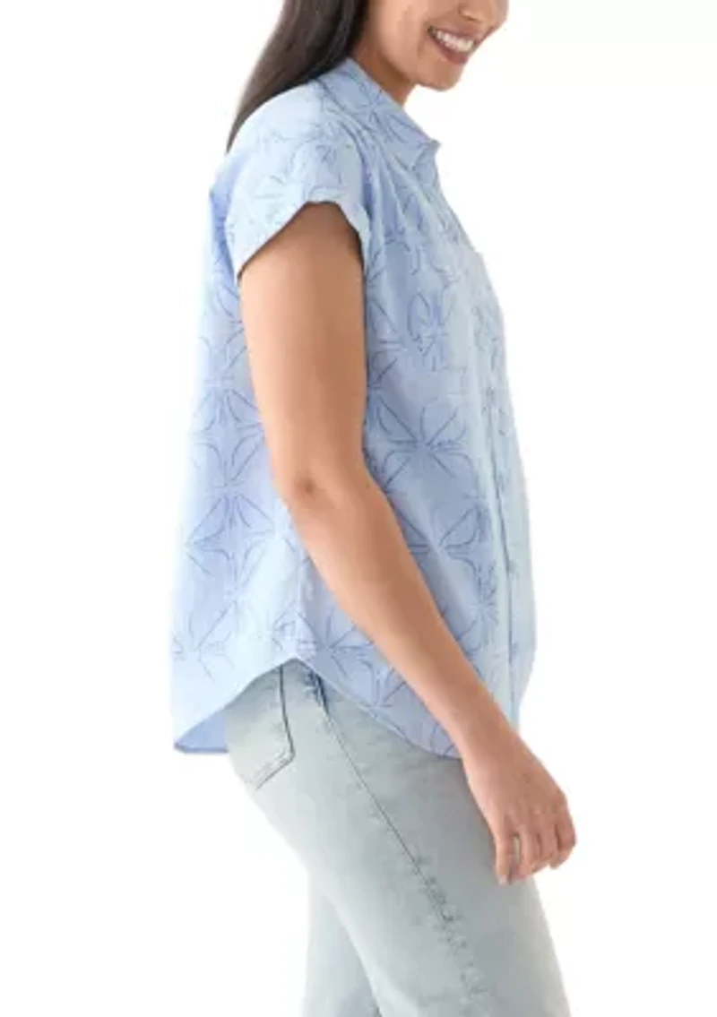Women's Short Sleeve Shirred Shoulder Printed Camp Shirt