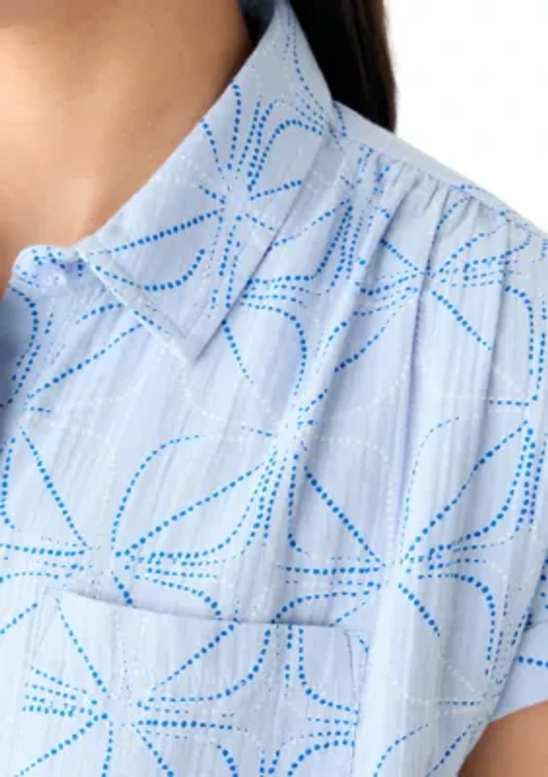 Women's Short Sleeve Shirred Shoulder Printed Camp Shirt