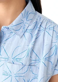 Women's Short Sleeve Shirred Shoulder Printed Camp Shirt