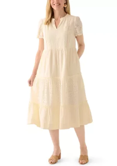 Women's Short Sleeve Flutter Eyelet Midi Dress
