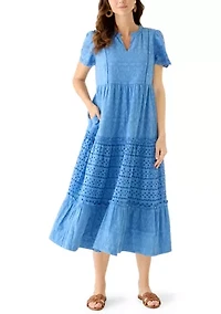 Women's Short Sleeve Flutter Eyelet Midi Dress