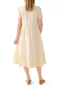 Women's Short Sleeve Flutter Eyelet Midi Dress