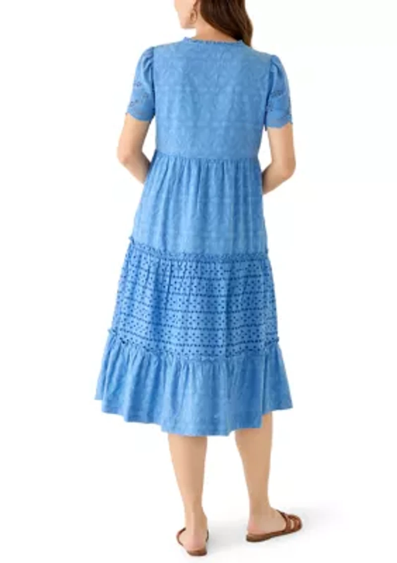 Women's Short Sleeve Flutter Eyelet Midi Dress