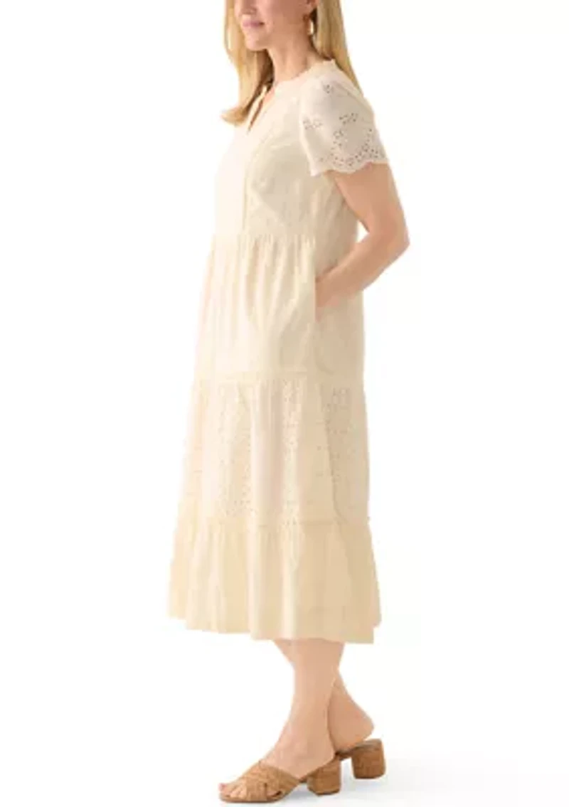 Women's Short Sleeve Flutter Eyelet Midi Dress