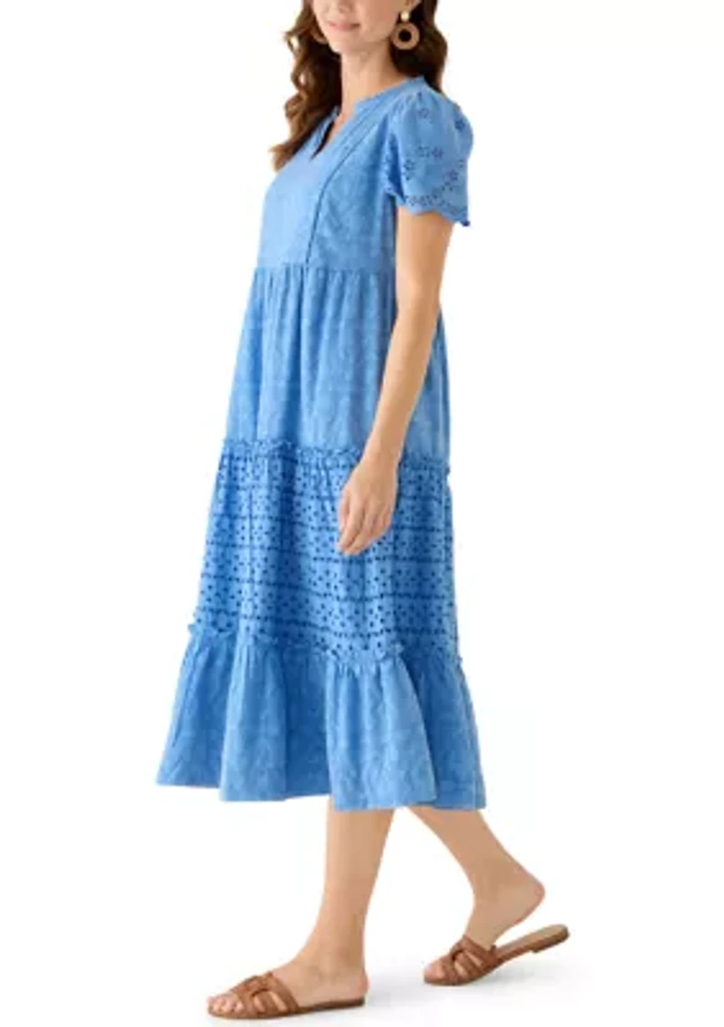 Women's Short Sleeve Flutter Eyelet Midi Dress