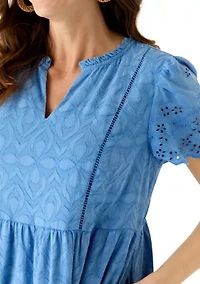 Women's Short Sleeve Flutter Eyelet Midi Dress