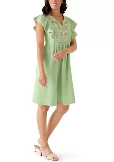 Women's Embroidered Flutter Peasant Dress