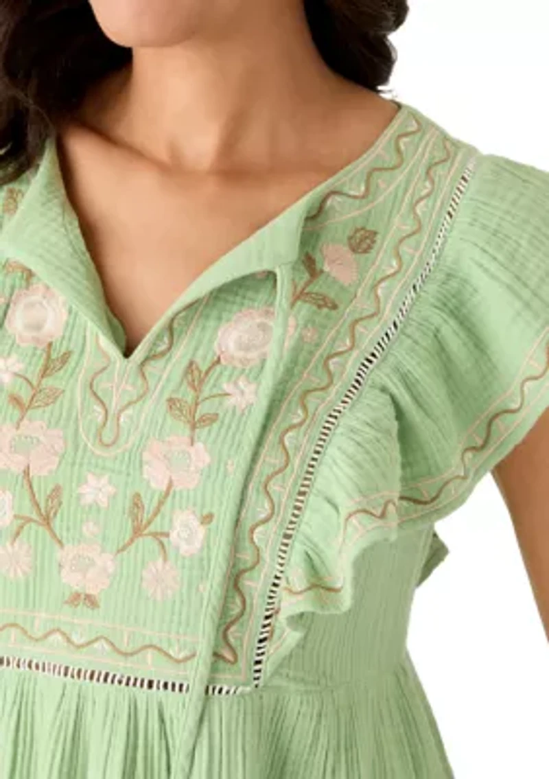 Women's Embroidered Flutter Peasant Dress