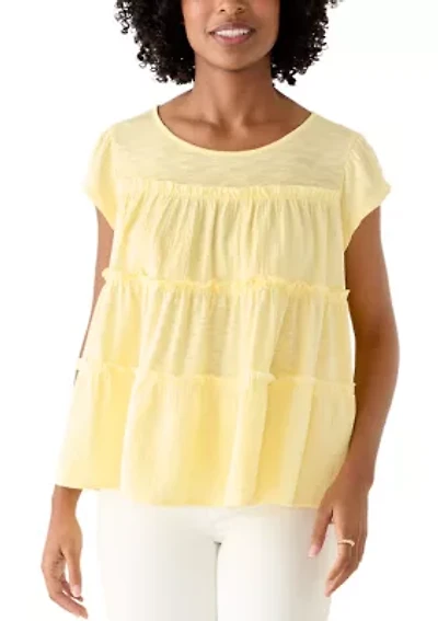 Women's Short Sleeve Mixed Media Tiered Top