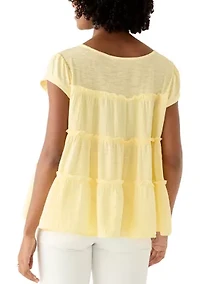 Women's Short Sleeve Mixed Media Tiered Top