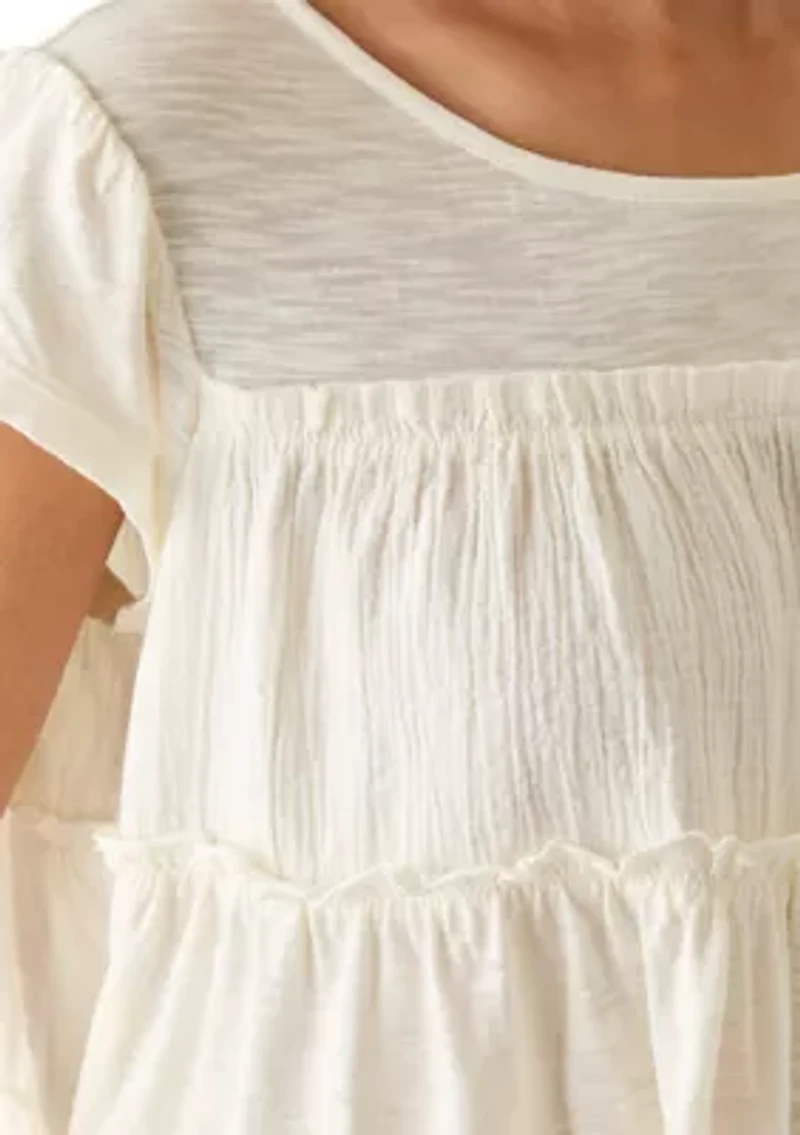 Women's Short Sleeve Mixed Media Tiered Top