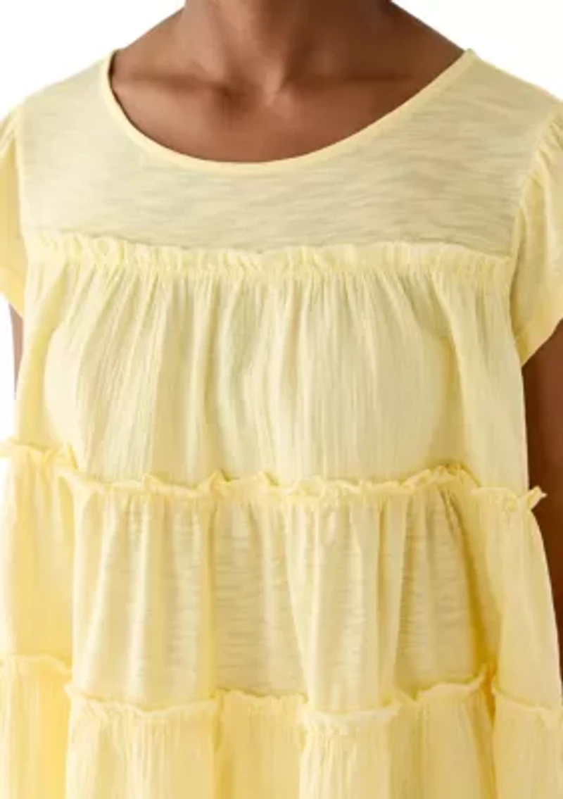 Women's Short Sleeve Mixed Media Tiered Top