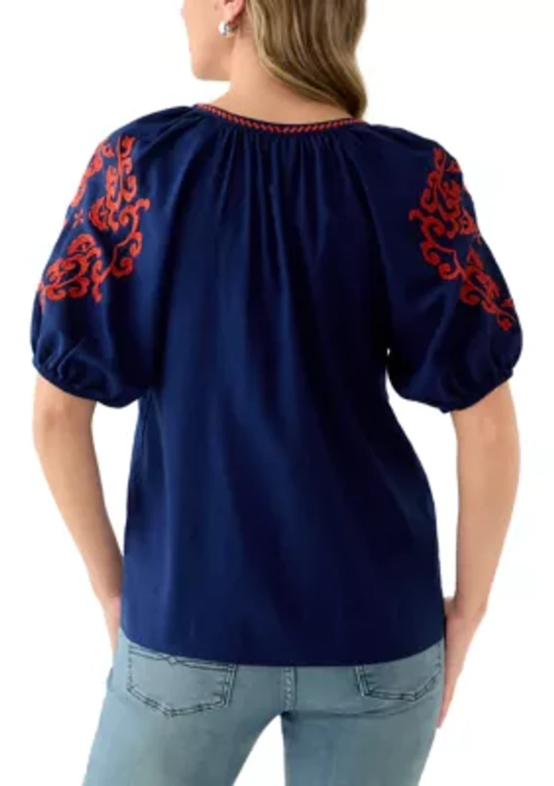 Women's 3/4 Sleeve Embellished Peasant Blouse