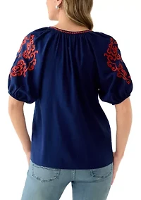 Women's 3/4 Sleeve Embellished Peasant Blouse
