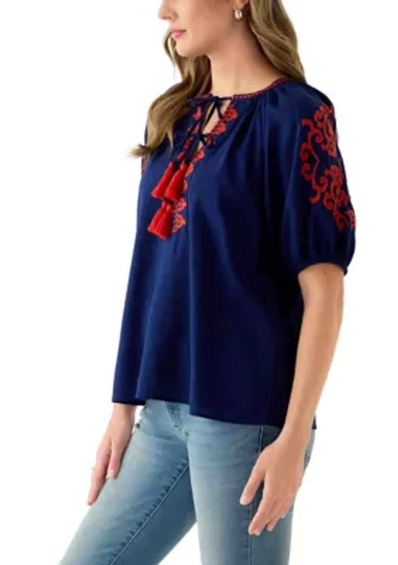Women's 3/4 Sleeve Embellished Peasant Blouse