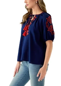 Women's 3/4 Sleeve Embellished Peasant Blouse