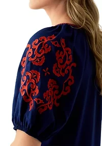 Women's 3/4 Sleeve Embellished Peasant Blouse