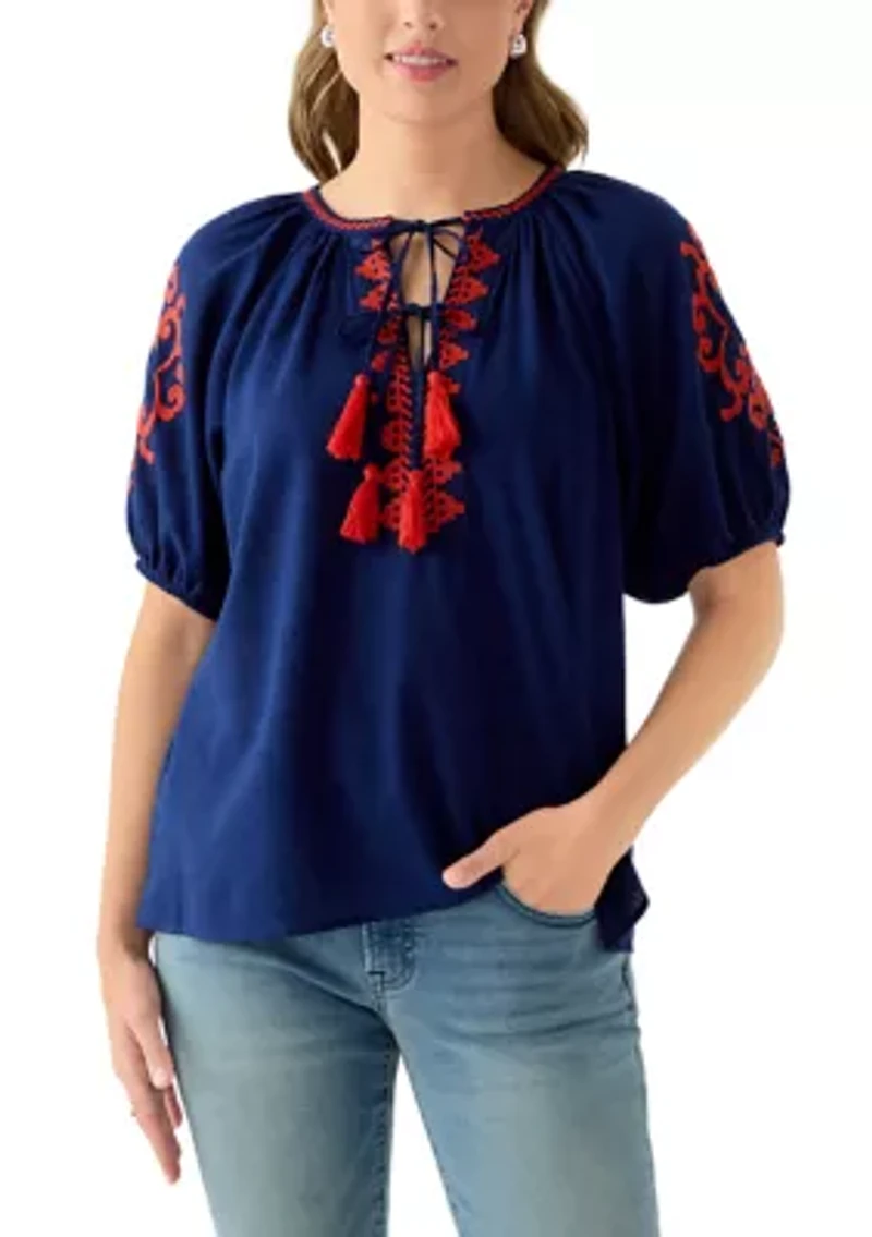 Women's 3/4 Sleeve Embellished Peasant Blouse