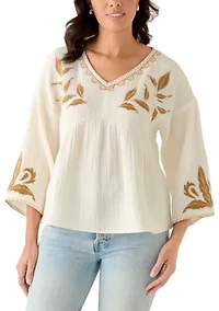 Women's Three-Quarter Sleeve Embroidered Top