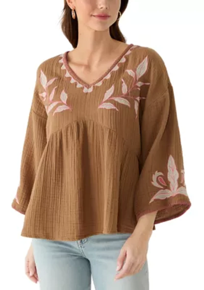 Women's Three-Quarter Sleeve Embroidered Top