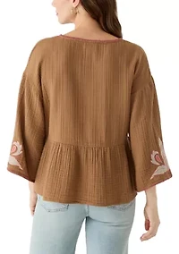Women's Three-Quarter Sleeve Embroidered Top