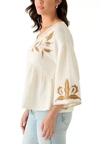 Women's Three-Quarter Sleeve Embroidered Top