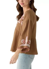 Women's Three-Quarter Sleeve Embroidered Top