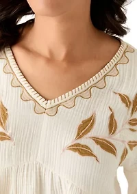 Women's Three-Quarter Sleeve Embroidered Top