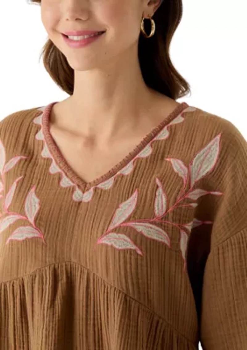 Women's Three-Quarter Sleeve Embroidered Top