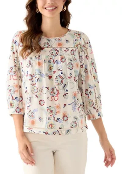 Women's Three-Quarter Sleeve Embroidered Printed Swing Top
