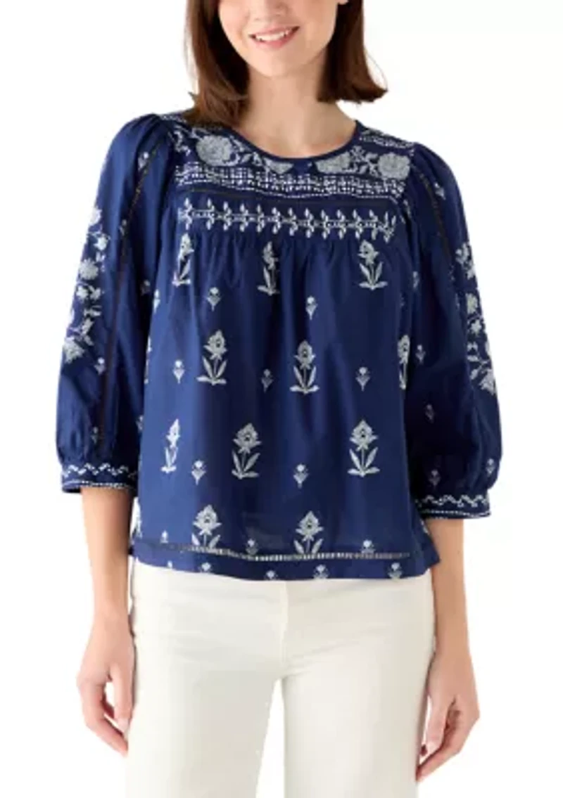 Women's 3/4 Sleeve Embroidered Printed Swing Top