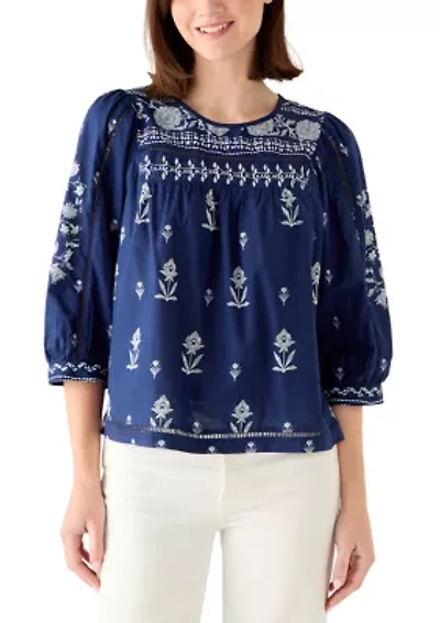Women's 3/4 Sleeve Embroidered Printed Swing Top
