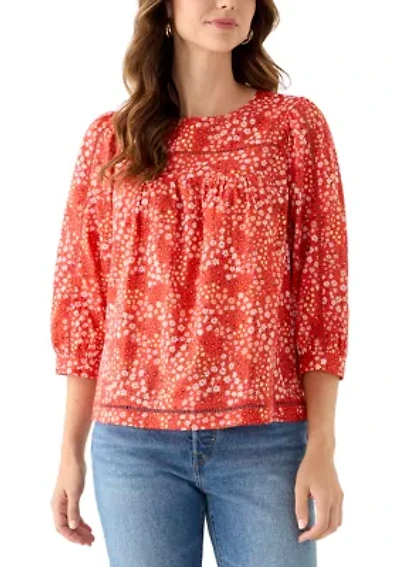 Women's 3/4 Sleeve Embroidered Printed Swing Top