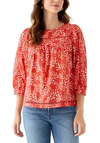 Women's 3/4 Sleeve Embroidered Printed Swing Top