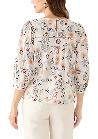 Women's Three-Quarter Sleeve Embroidered Printed Swing Top