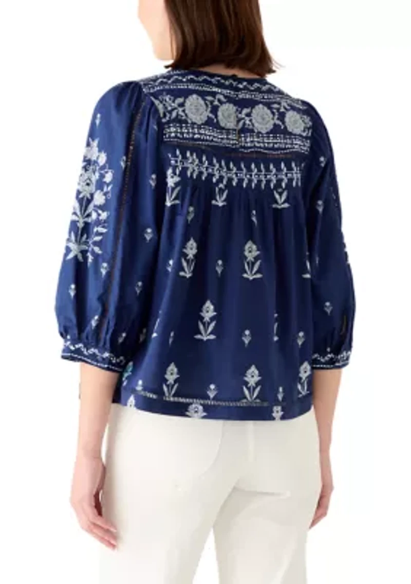 Women's 3/4 Sleeve Embroidered Printed Swing Top