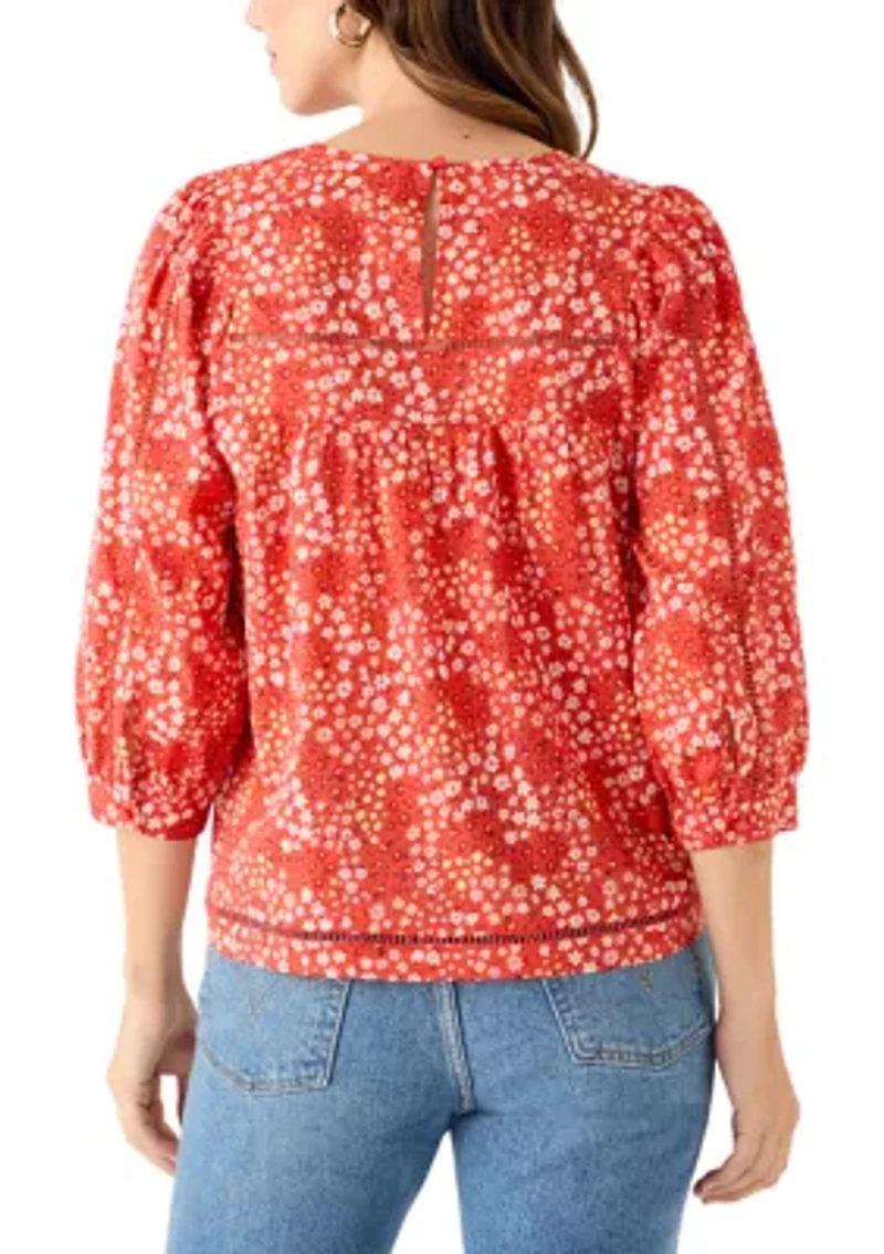Women's 3/4 Sleeve Embroidered Printed Swing Top